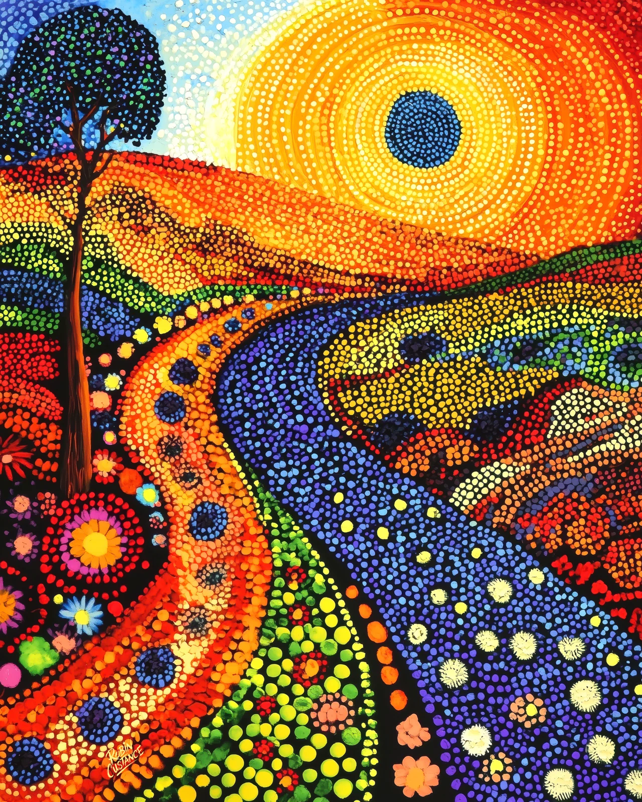 Portrait-format dot-inspired landscape artwork with a dark tree, large orange sun, curving dotted hills, blue ground patterns and colourful flowers.