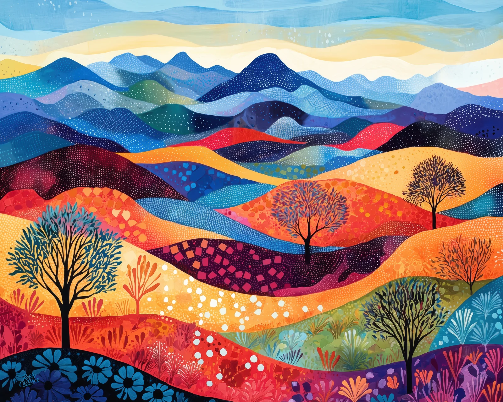 Colourful contemporary Australian landscape artwork with layered blue mountains, warm ochre and red hills, dotted patterns, flowers and silhouetted trees.