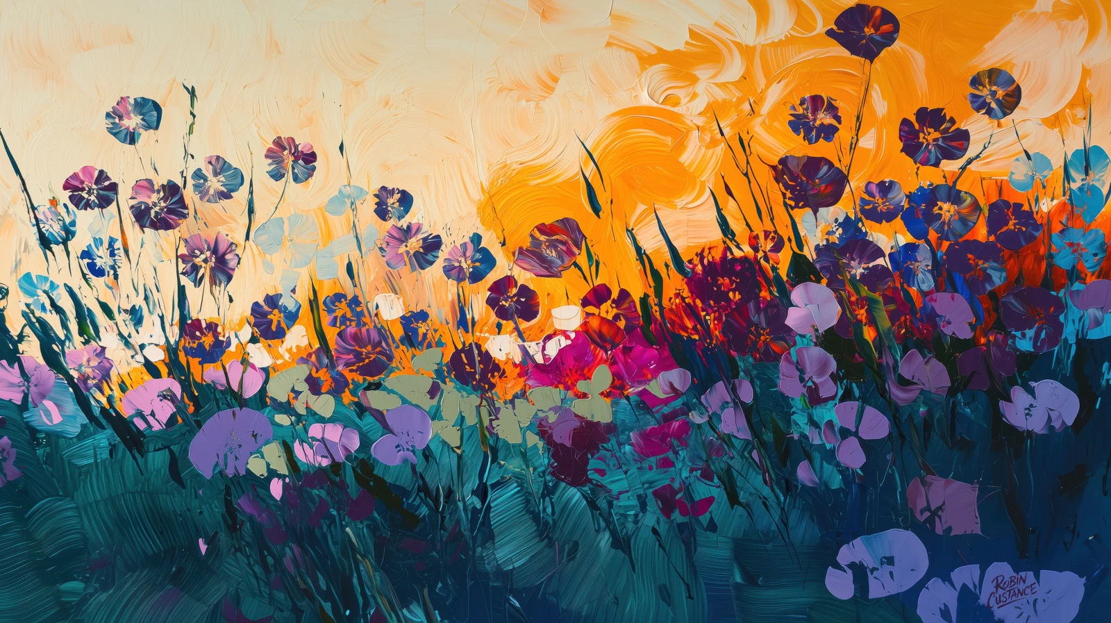 Wide painterly artwork of colourful wildflowers with purple, blue and magenta petals rising from teal shadows beneath a glowing orange cream sky.