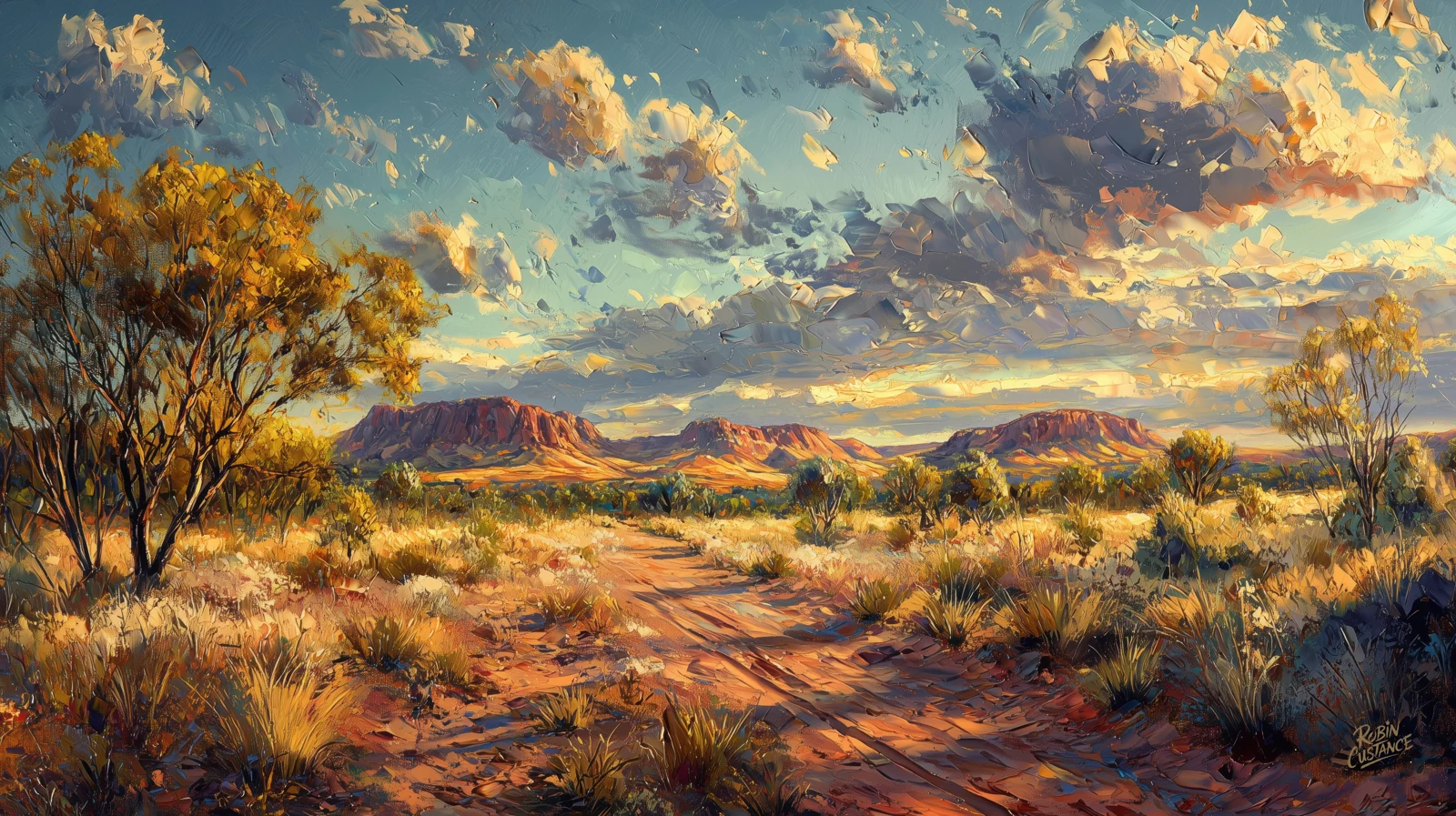 Red dirt track through golden grass, with a large tree on the left, distant orange ranges and a broad blue-grey clouded sky.